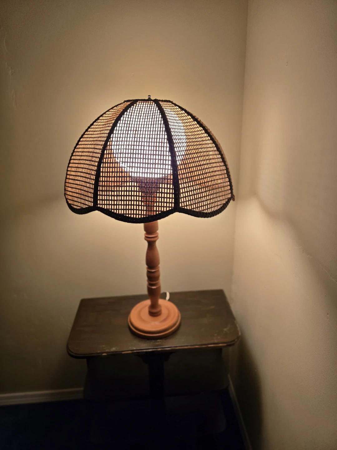 Vintage Wooden Table Lamp with Scalloped Wicker Dome Shade
