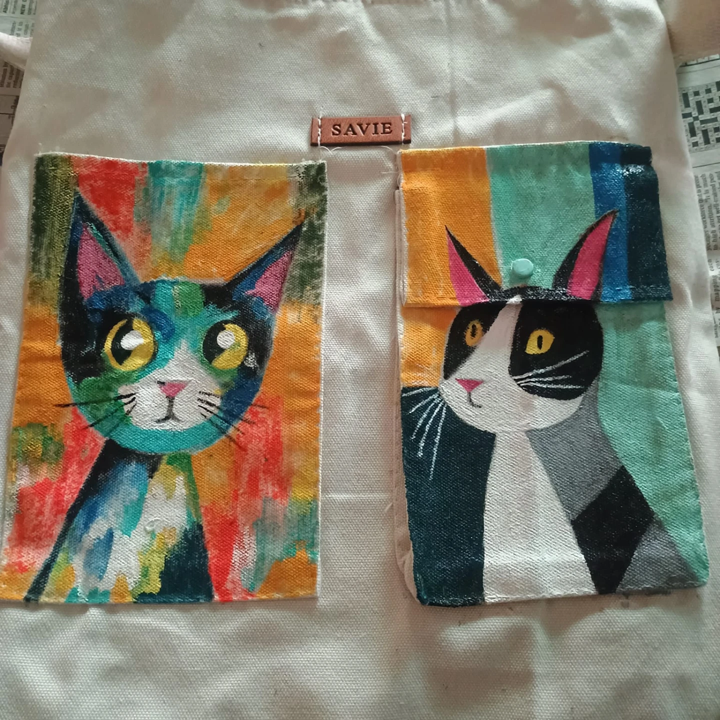 Canvas tote bag with colourful cat and folk art prints - photo 3