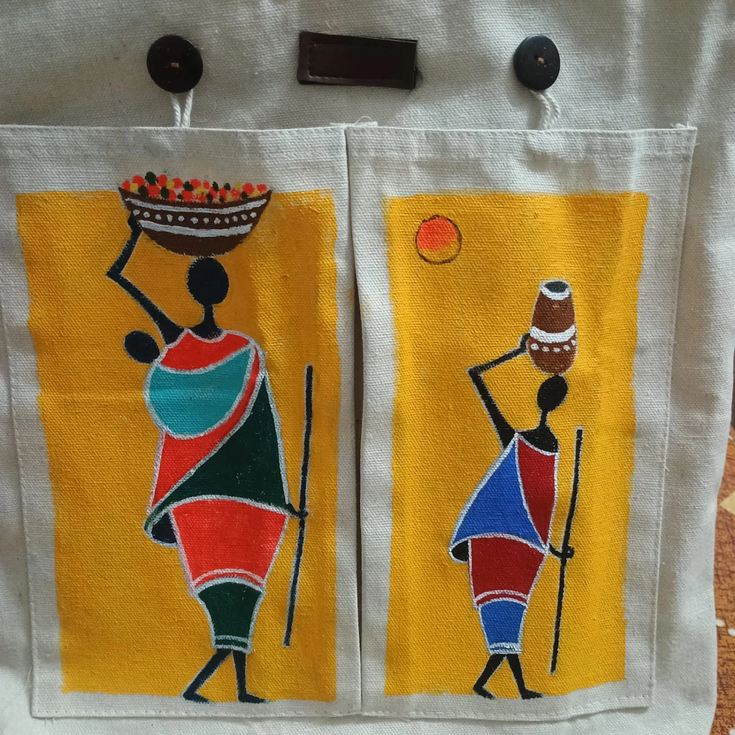 Canvas tote bag with colourful cat and folk art prints - photo 4