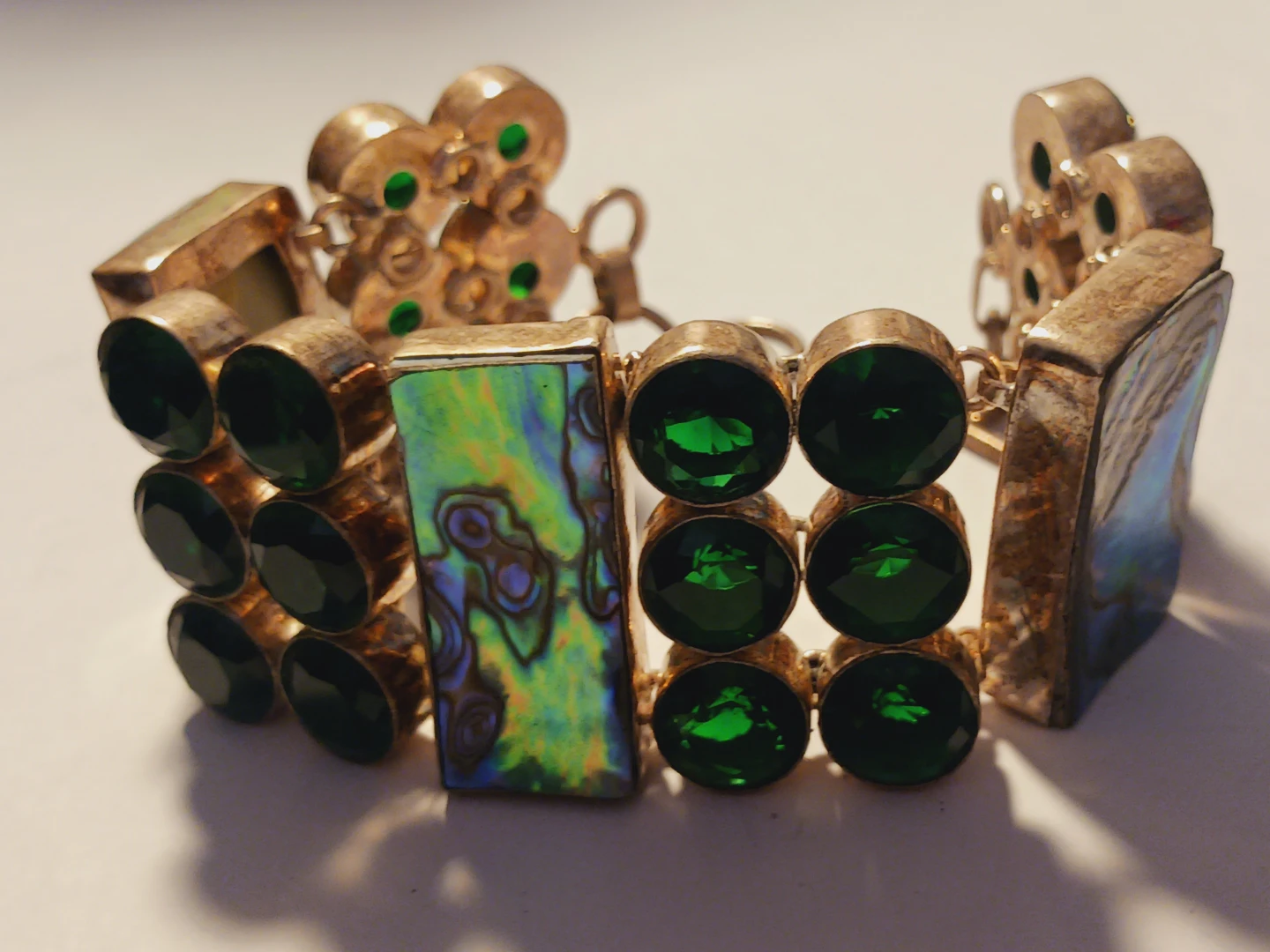 Gorgeous Green Emerald Cabochons & Abalone Bracelet