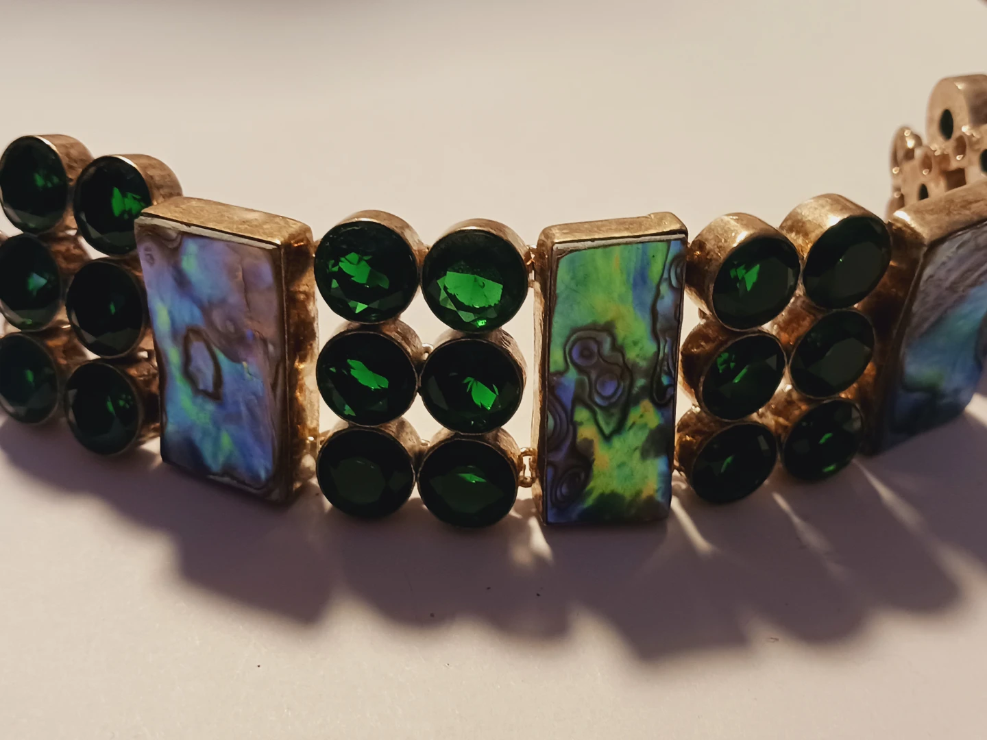 Gorgeous Green Emerald Cabochons & Abalone Bracelet - photo 2