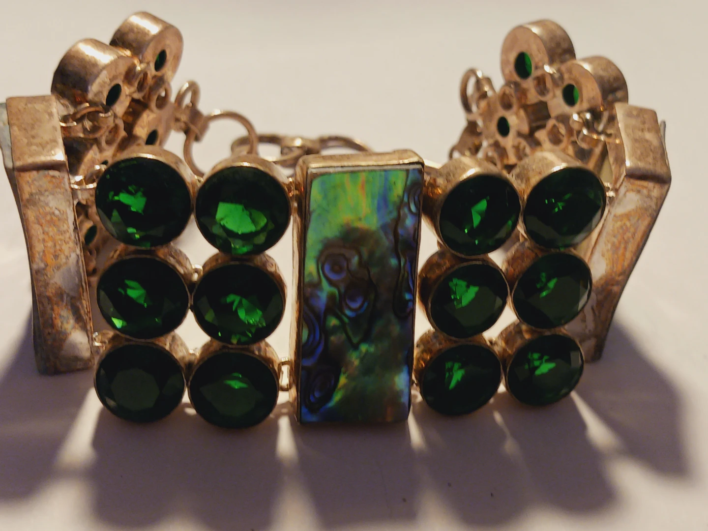 Gorgeous Green Emerald Cabochons & Abalone Bracelet - photo 3