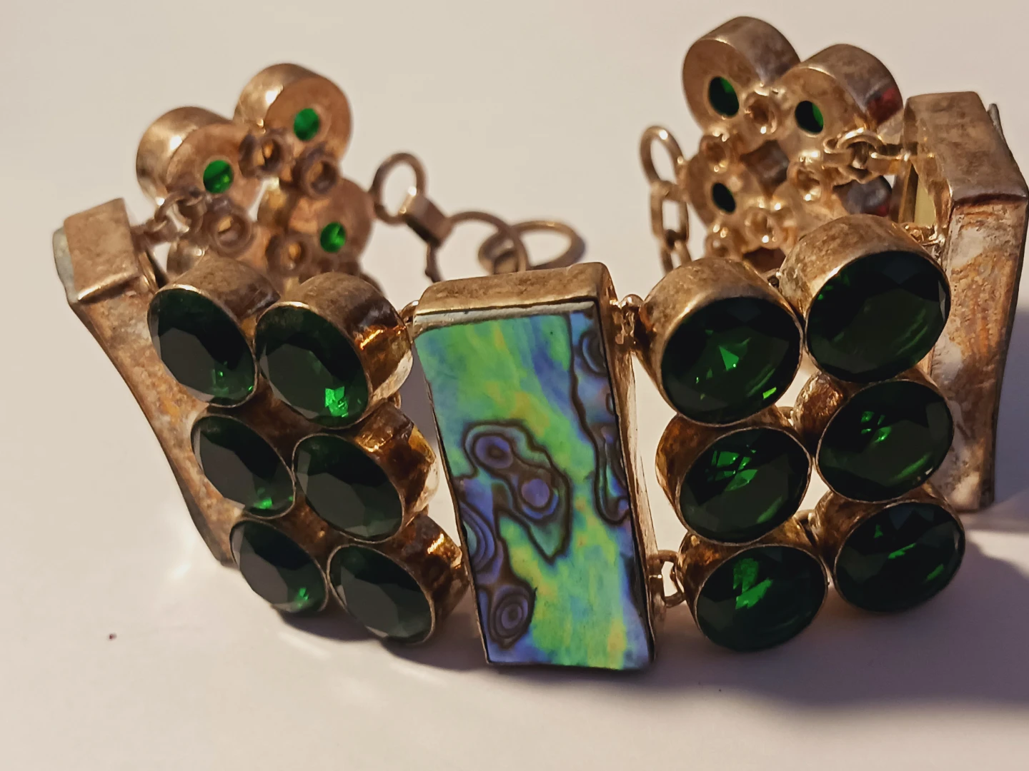 Gorgeous Green Emerald Cabochons & Abalone Bracelet - photo 4