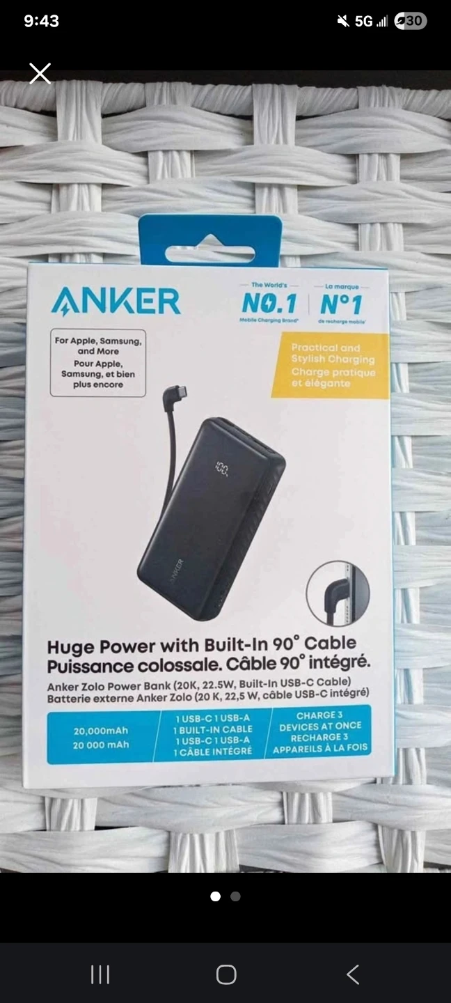Anker Zolo Power Bank (20K, 22.5W, Built-In 90° Cable)