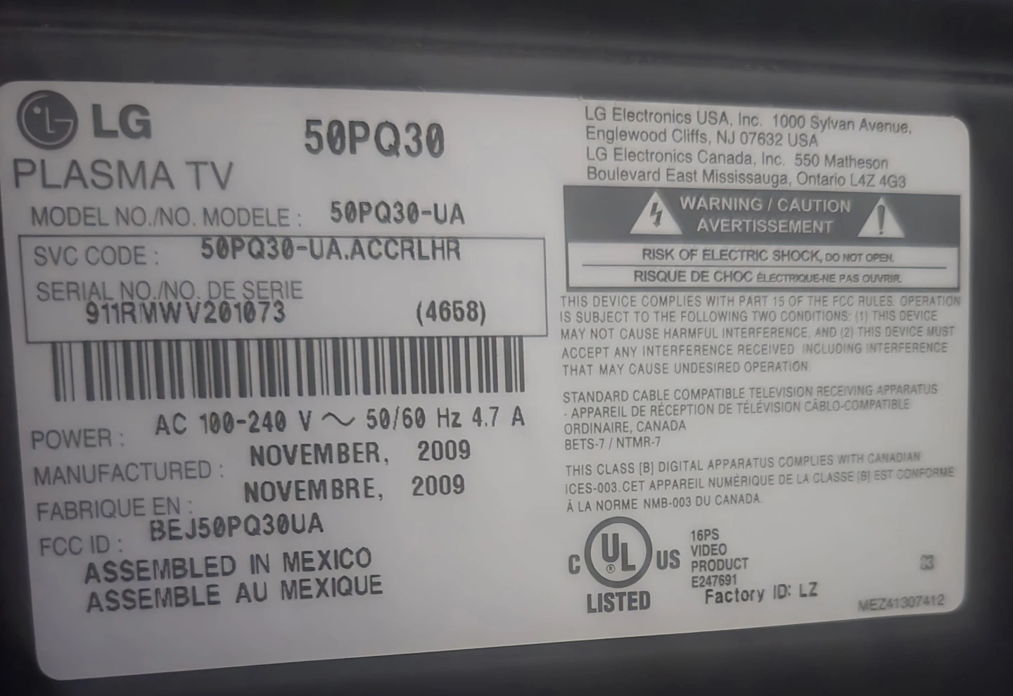 LG 50PQ30 Plasma TV