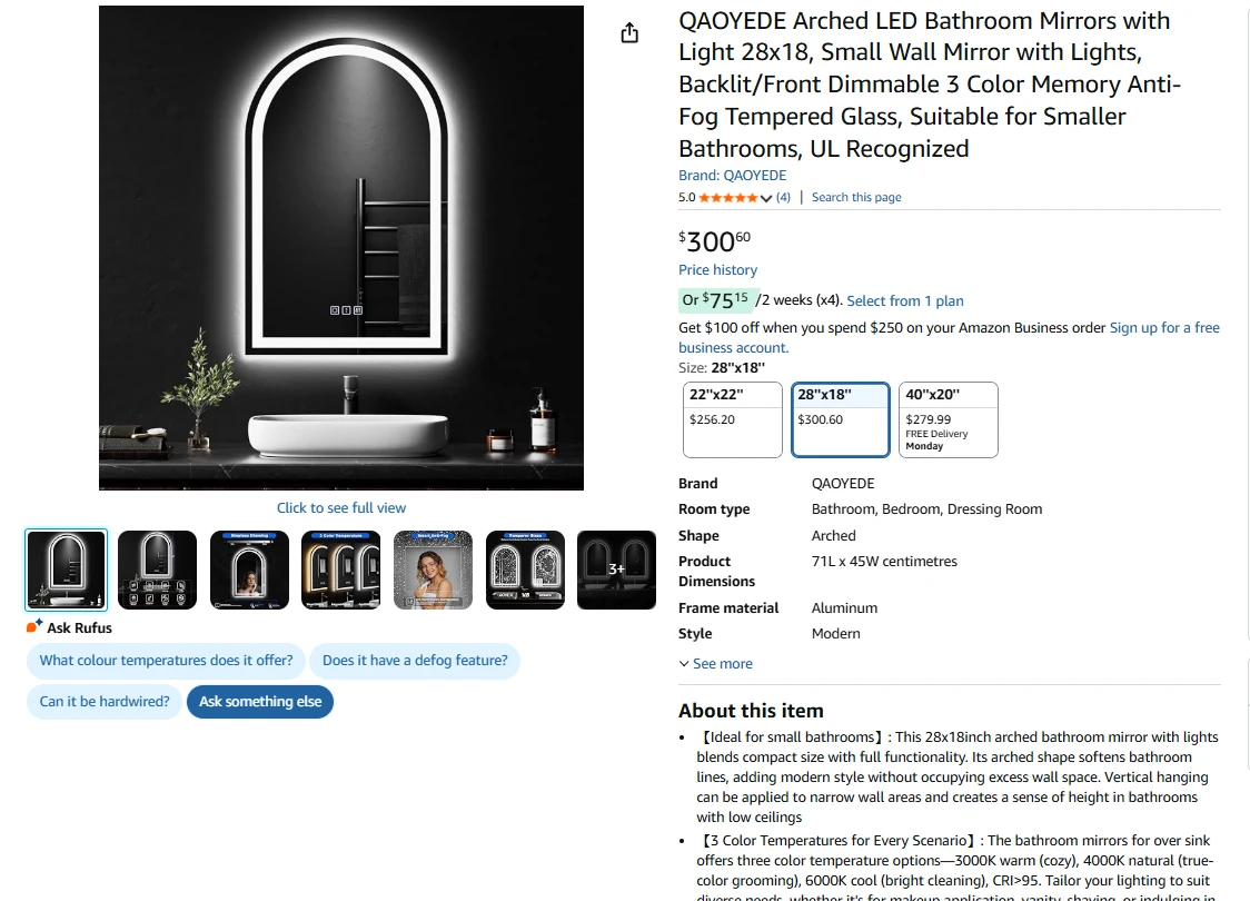 Arched LED Bathroom Mirror 28x18" - photo 2