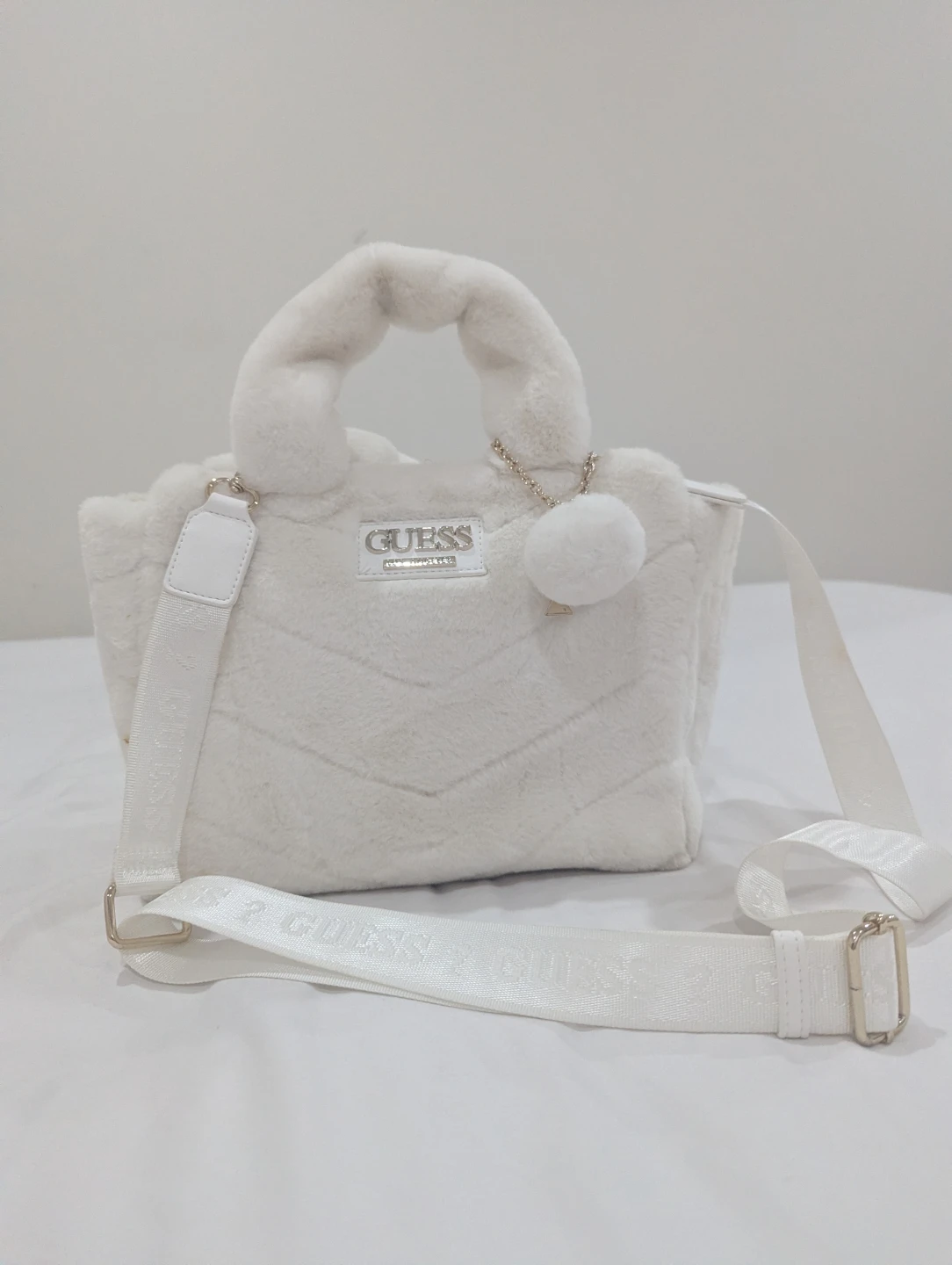 White Faux Fur Guess Handbag with Crossbody Strap