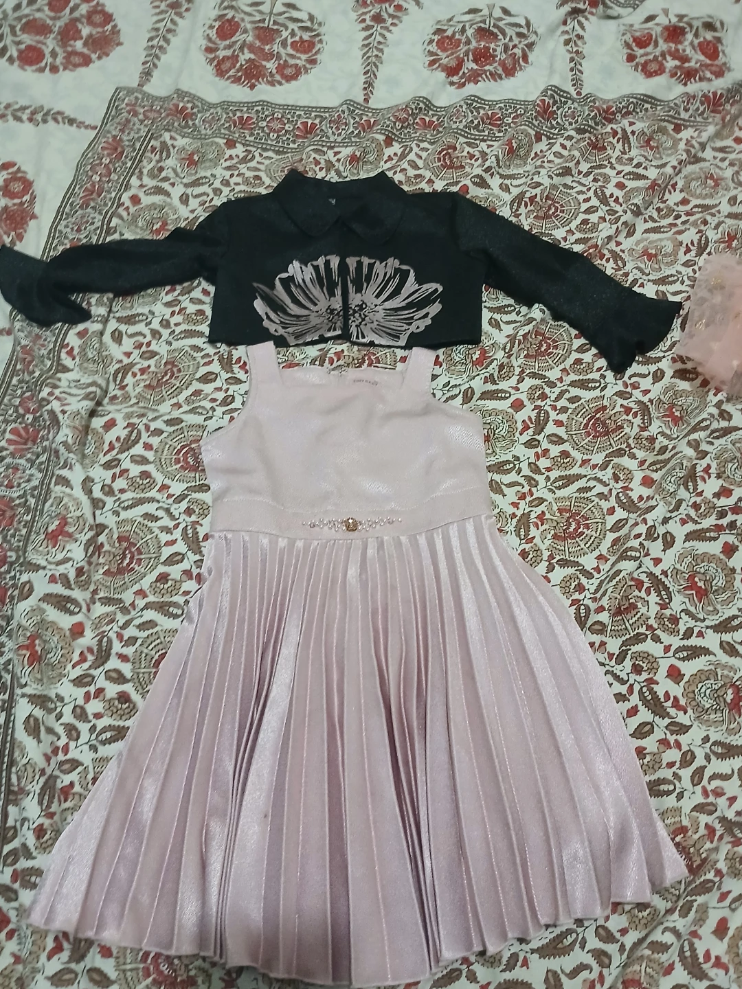 Pink Pleated Dress with Black Jacket Set