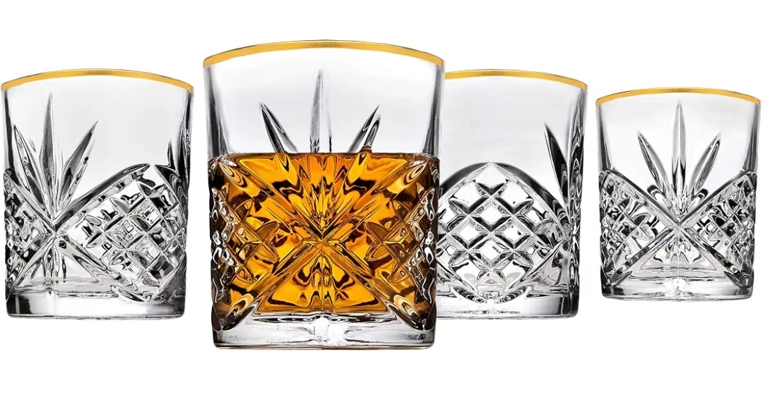 Set of 4 Cut Crystal Whiskey Glasses with Gold Rim