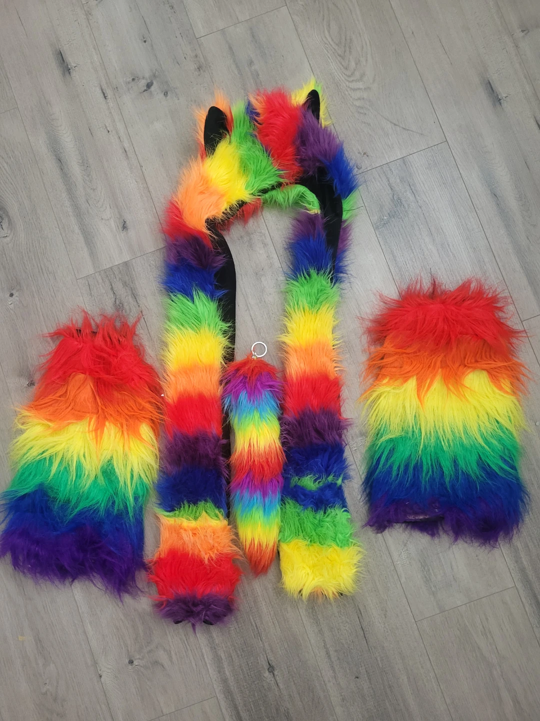 Rainbow Furry hat , boot covers and tail