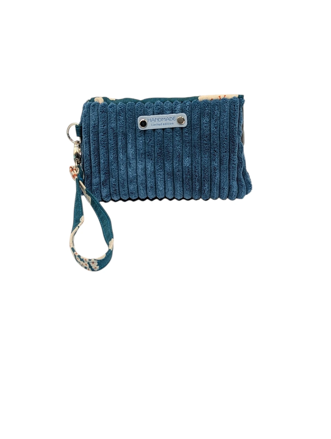 Handmade Teal Corduroy and Floral Canvas Wristlet - photo 2
