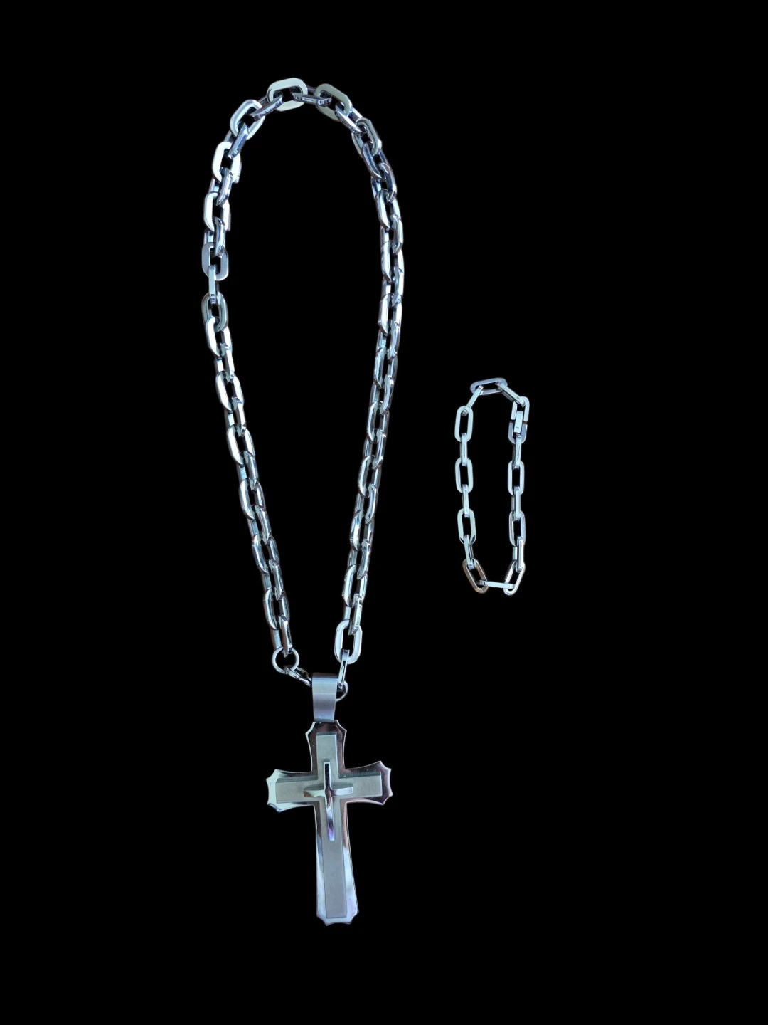 Silver Tone Cross Pendant Necklace with Chain and Bracelet