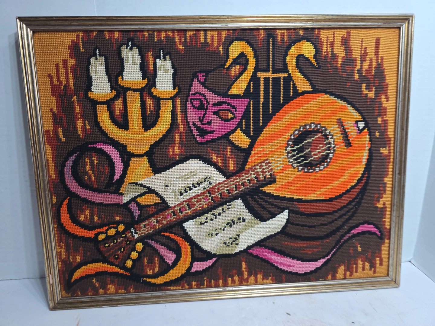 Vintage Framed Needlepoint Art - Musical Theme
