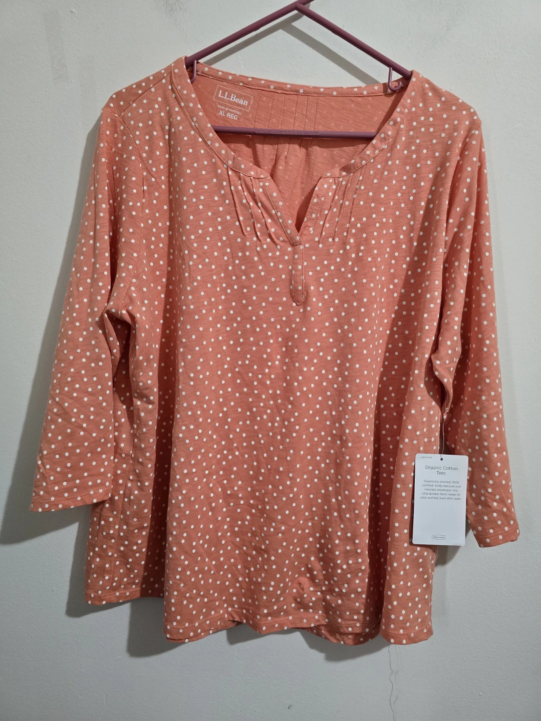L.L.Bean Organic Cotton Polka Dot Top Coral Pink 3/4 - photo 2
