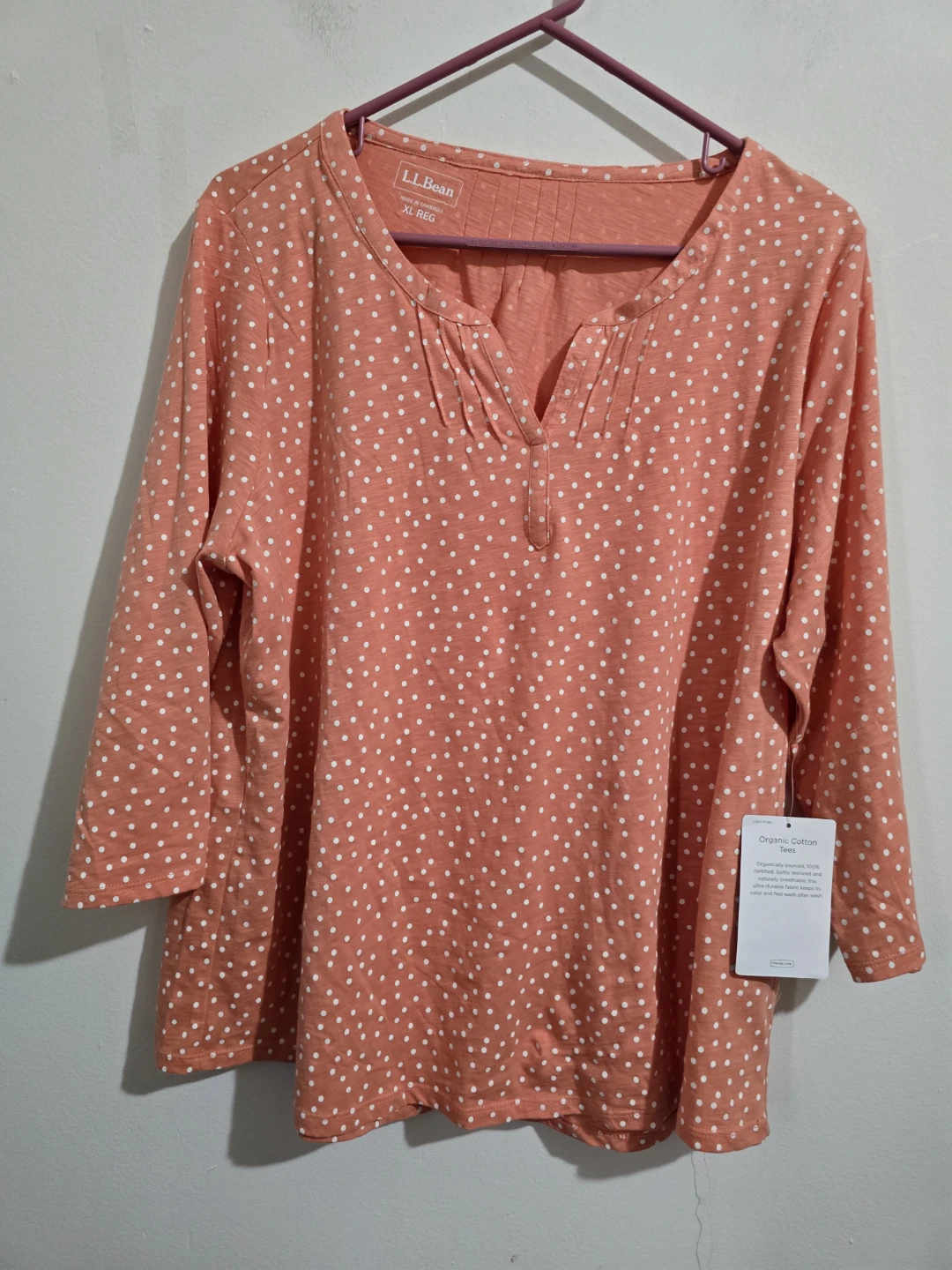 L.L.Bean Organic Cotton Polka Dot Top Coral Pink 3/4 - photo 5