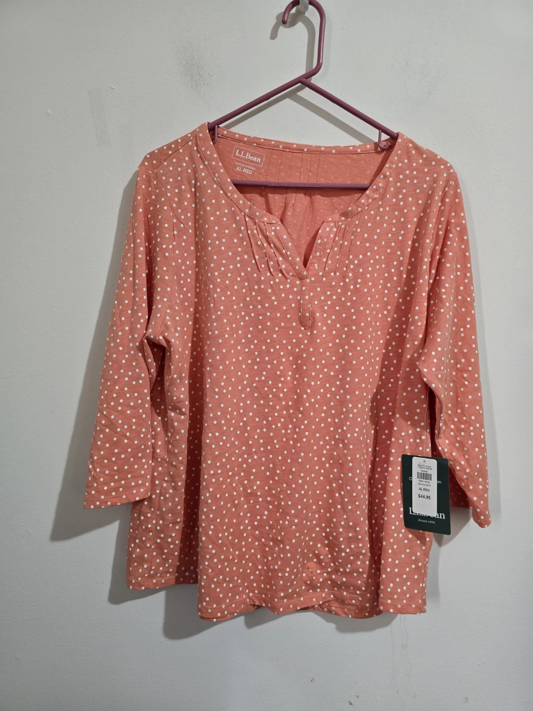L.L.Bean Organic Cotton Polka Dot Top Coral Pink 3/4