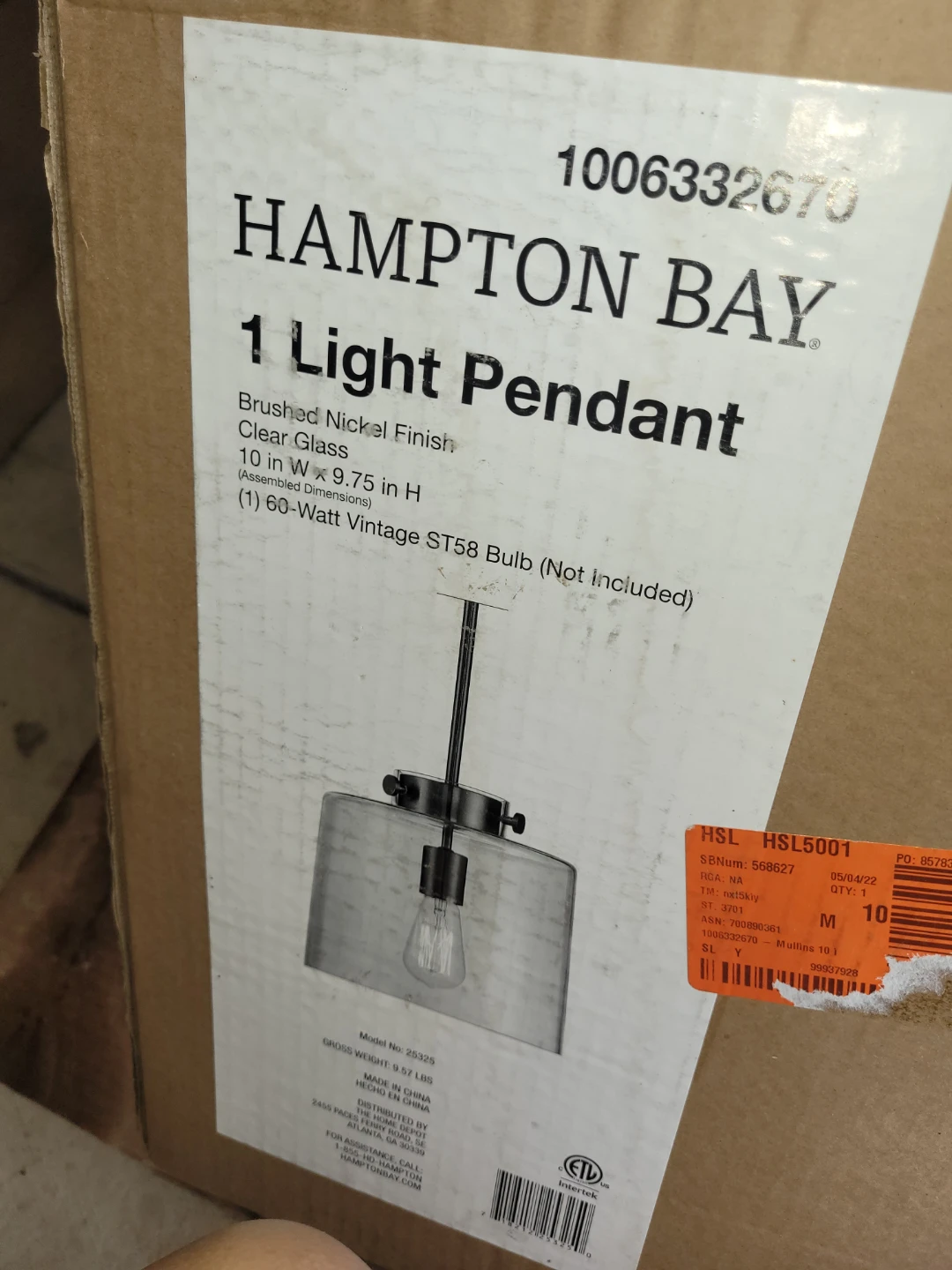Hampton Bay 1 Light Pendant - Brushed Nickel, Clear Glass