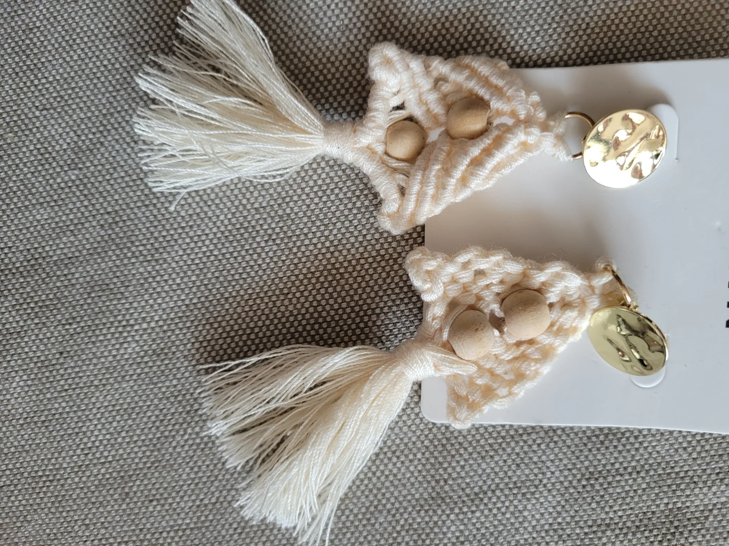 Cream Macrame Tassel Earrings with Wood Beads