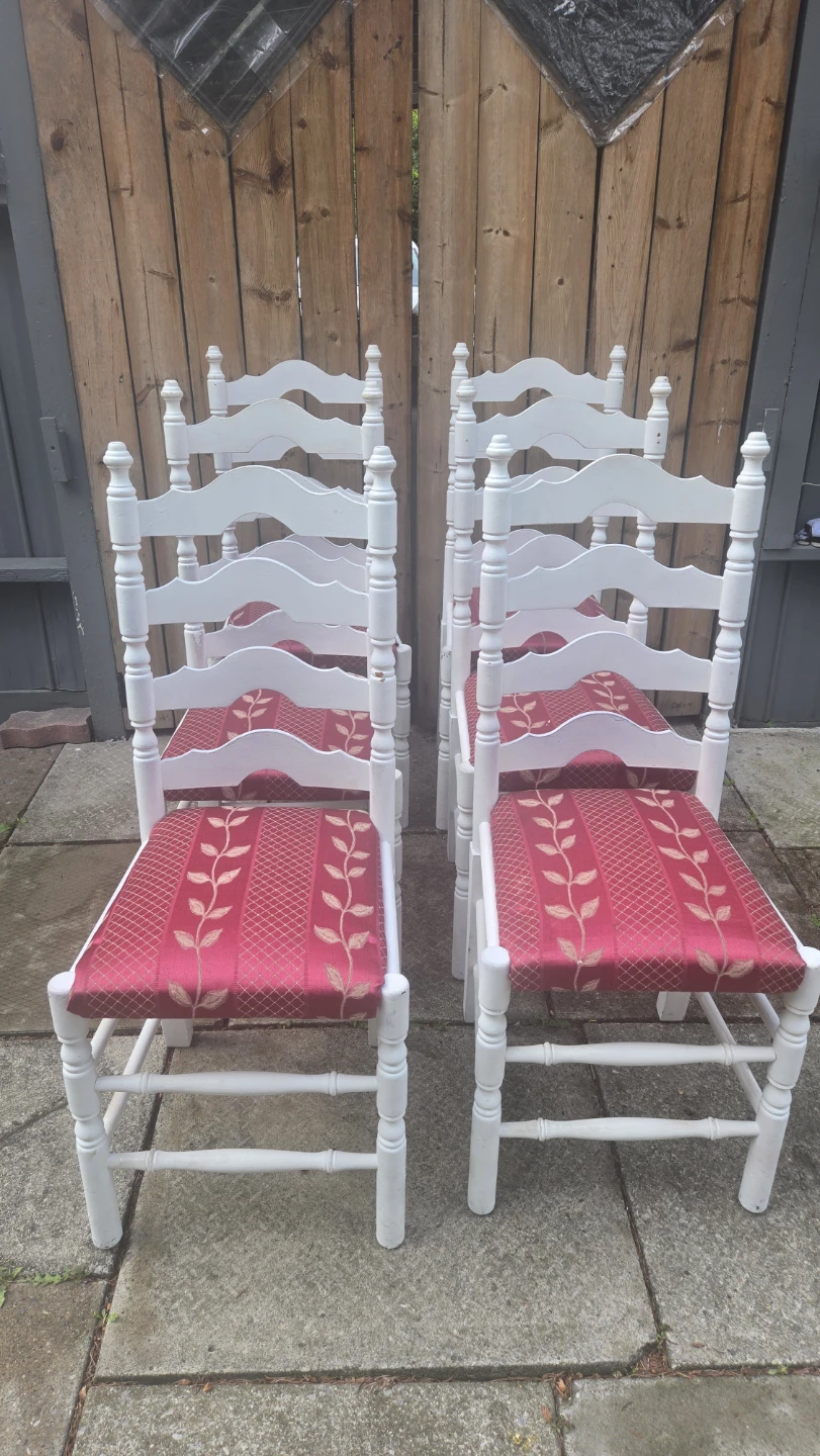 Set of 7 White Ladder Back Chairs with Upholstered Seats