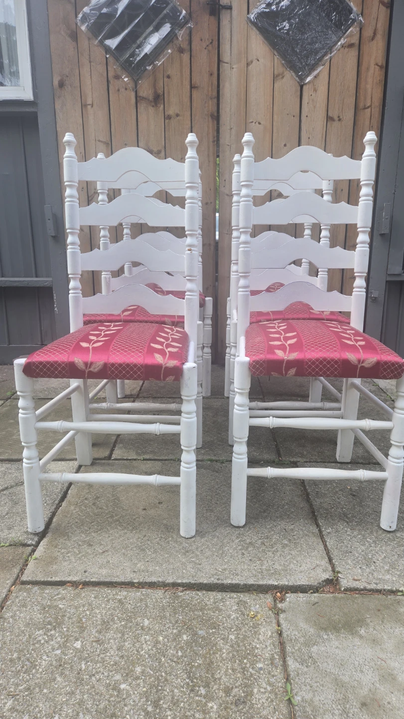 Set of 7 White Ladder Back Chairs with Upholstered Seats - photo 3