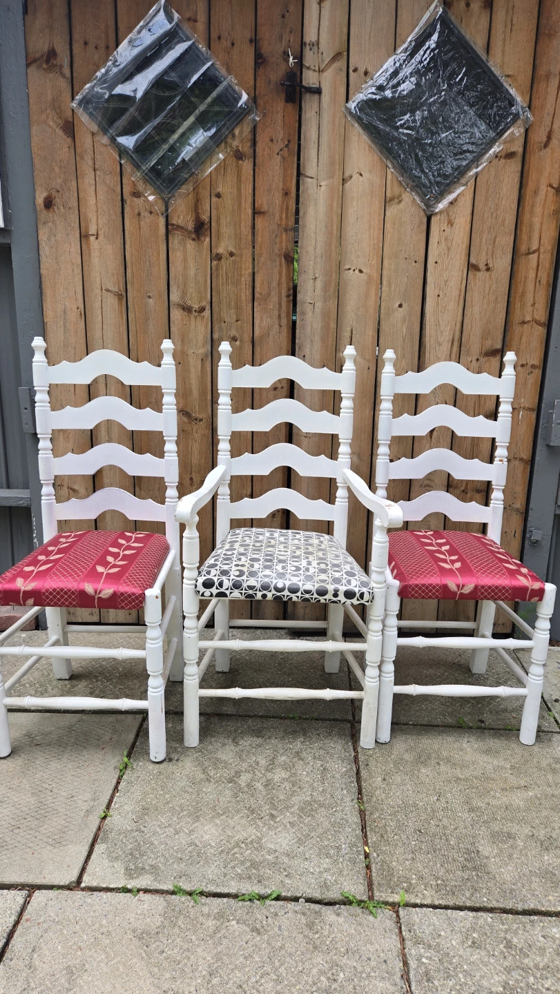 Set of 7 White Ladder Back Chairs with Upholstered Seats - photo 4