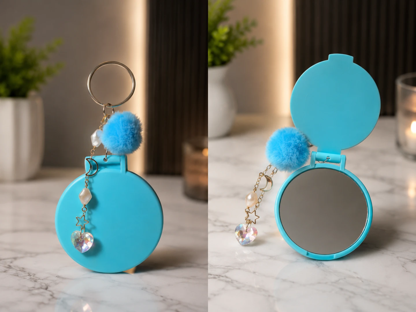 Miroir compact bleu avec pompon et breloques
