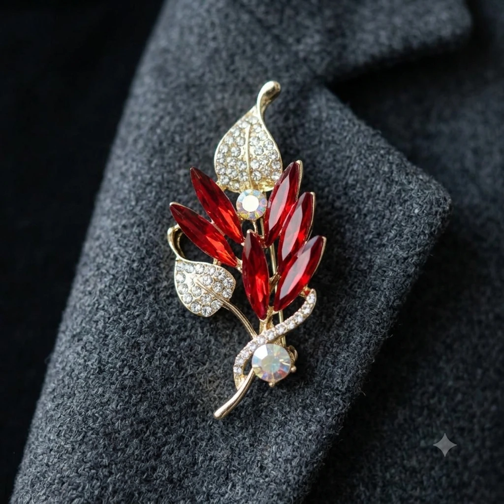 ✨ Ruby Red Crystal Leaf Brooch by Rabloo Accessories - photo 3