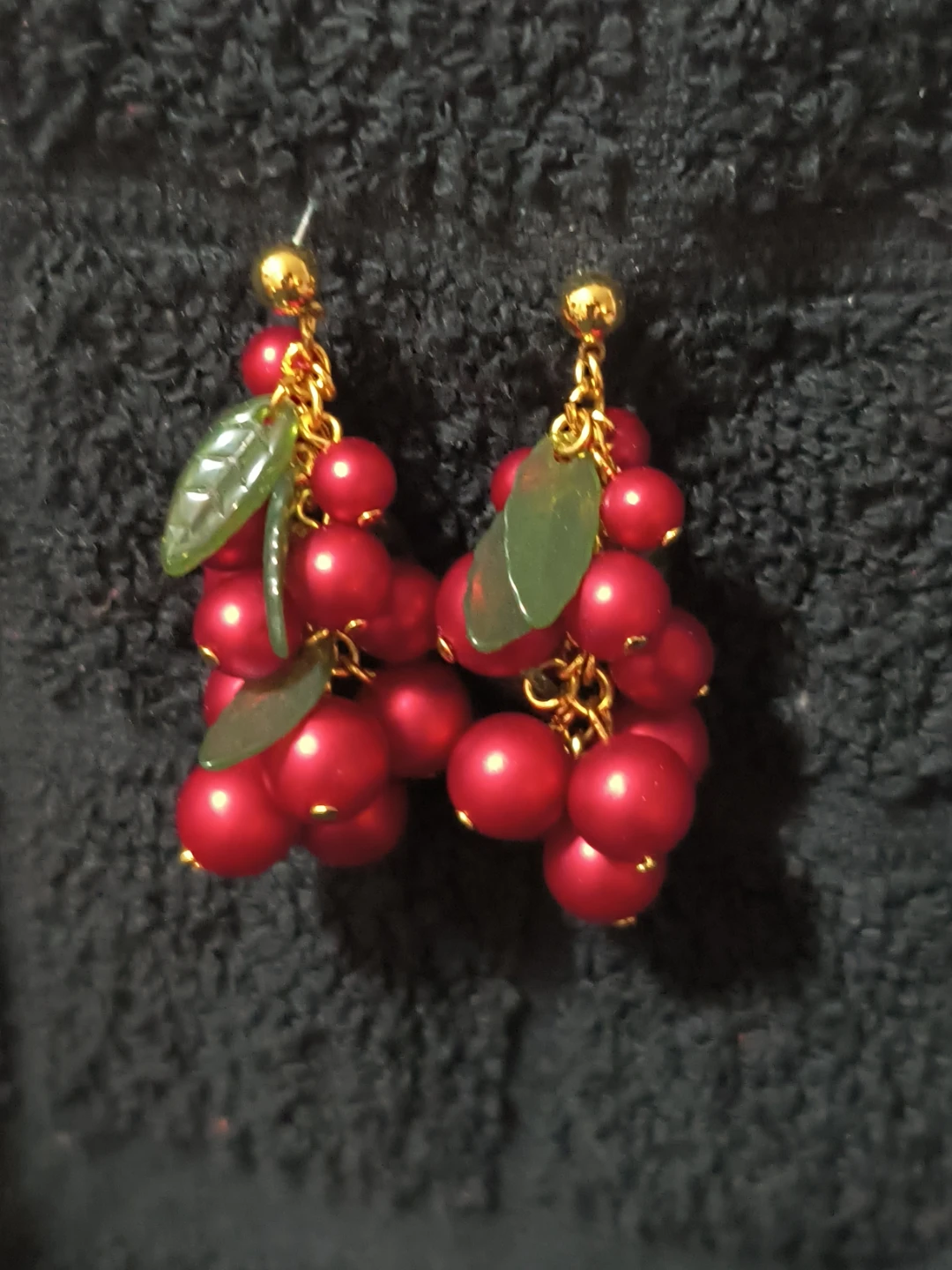 Red Berry Dangle Earrings with Gold Chain and Green Leaves