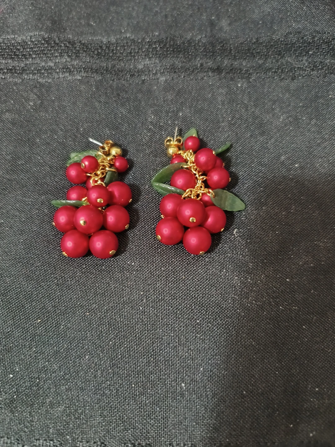 Red Berry Dangle Earrings with Gold Chain and Green Leaves - photo 2