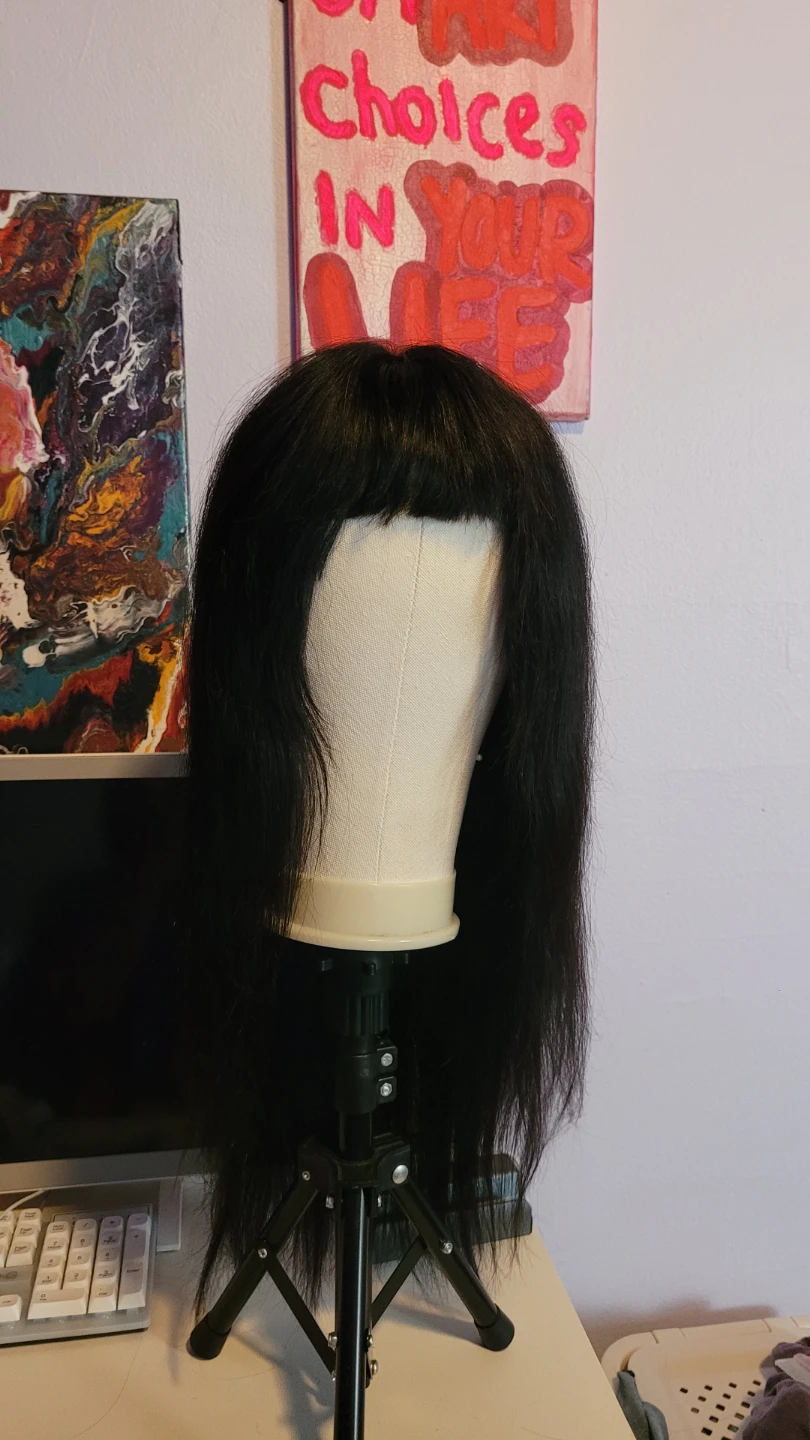 Human hair Black Straight Wig with Bangs