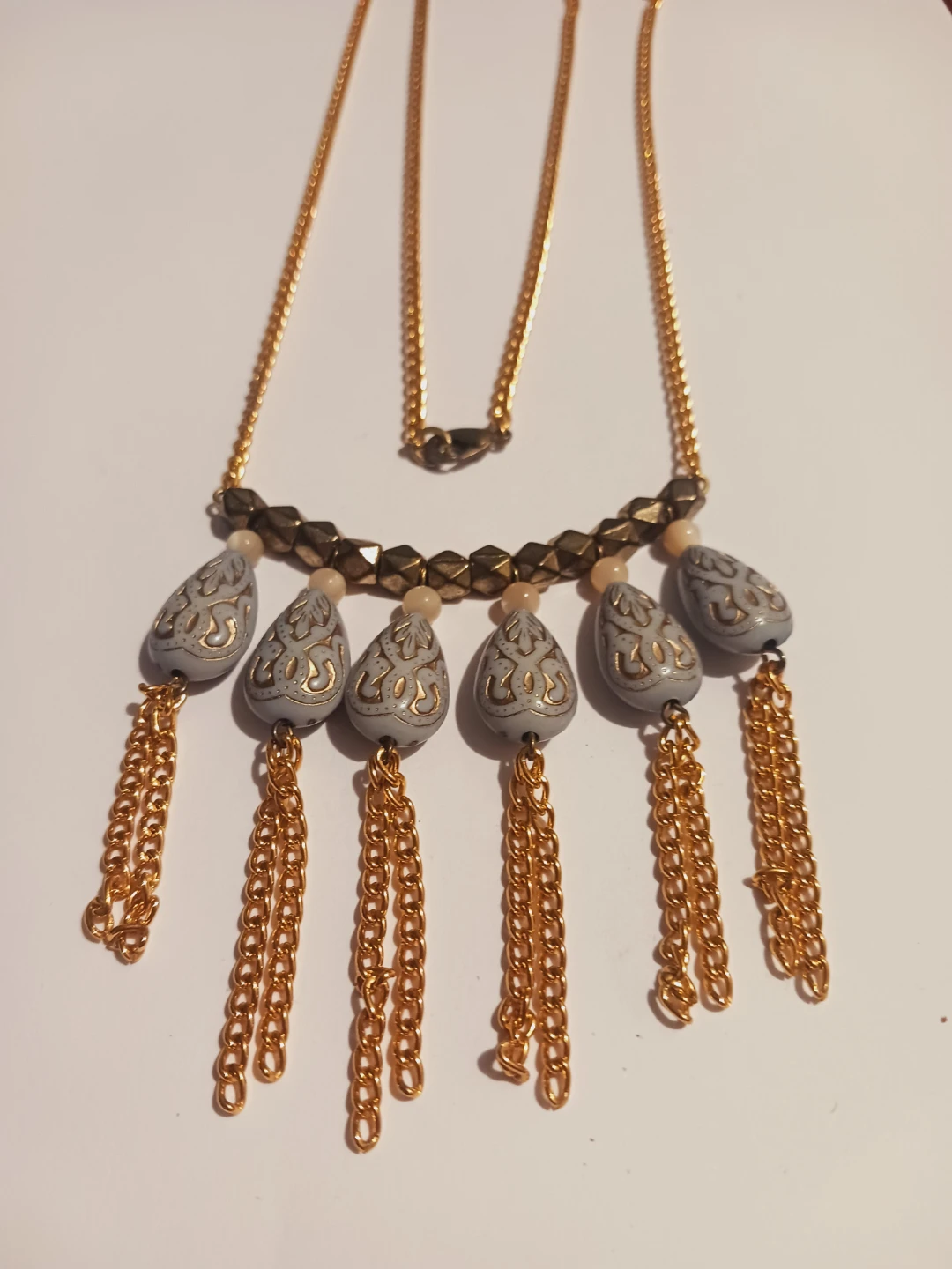 Gold Tone Necklace with Grey Pendant Charms