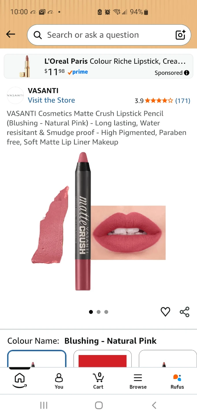 VASANTI Matte Crush Lipstick Pencil - Blushing - Natural Pink