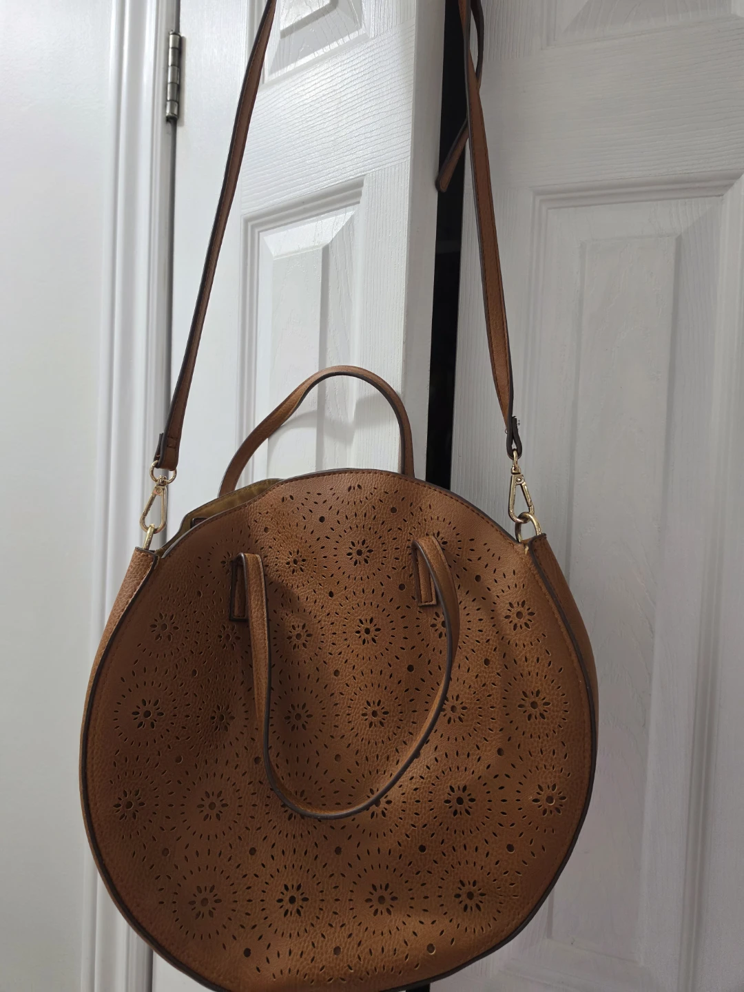 Brown Perforated Round Shoulder Bag