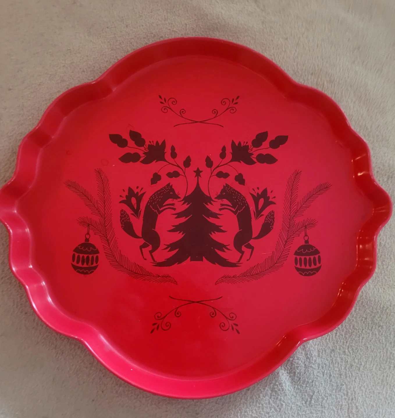 IKEA Red Christmas Tray with Foxes and Tree Design♻️ freecycle