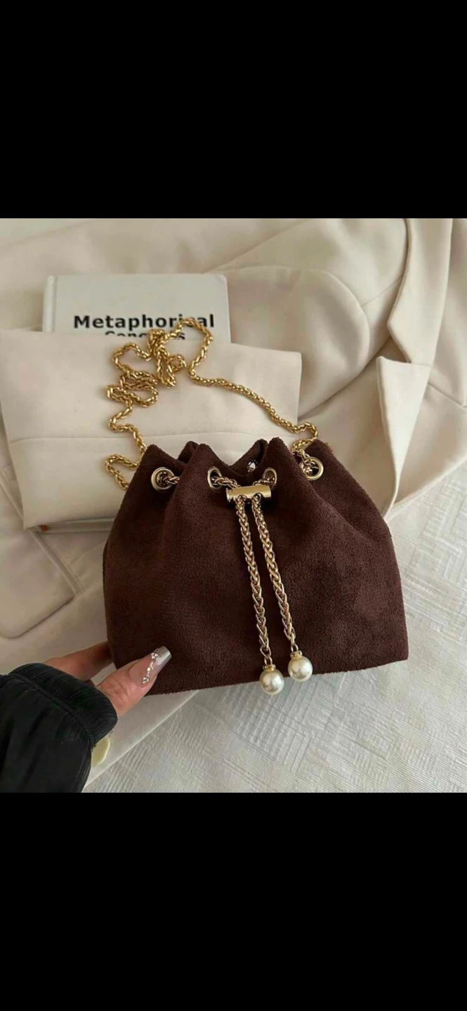 Brown Suede Drawstring Bucket Bag with Pearl Tassels