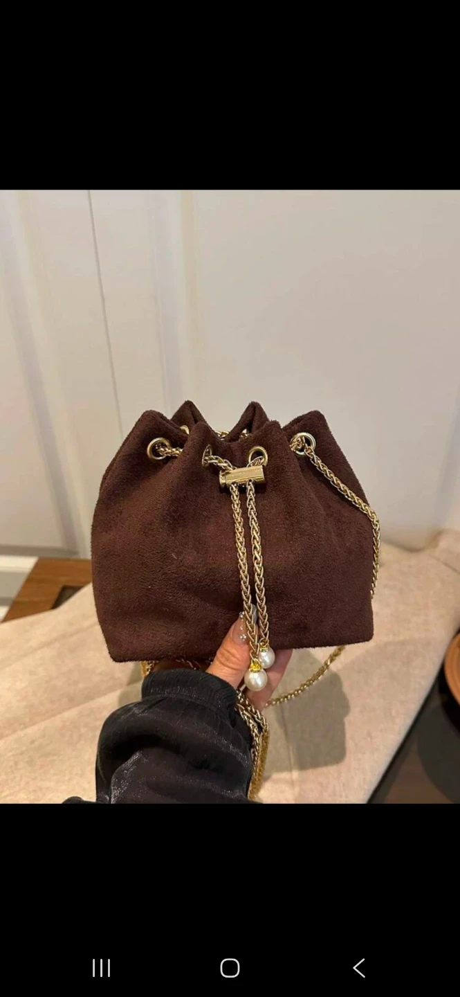 Brown Suede Drawstring Bucket Bag with Pearl Tassels - photo 2