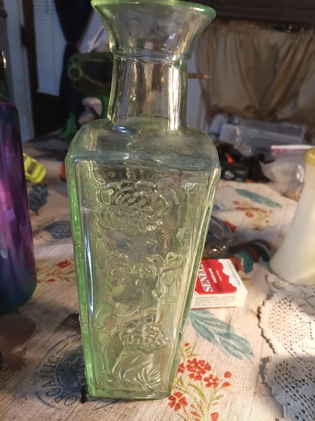 Green Glass Embossed Floral Vase Bottle