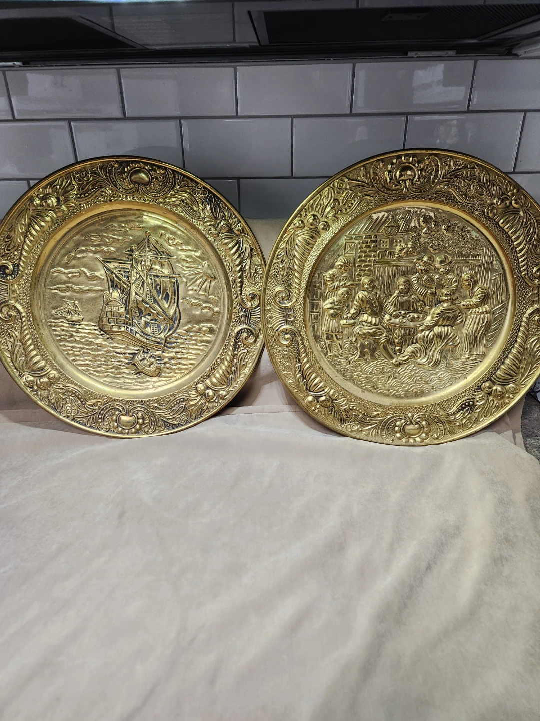 Vintage Mid-Century Embossed Brass Wall Plates