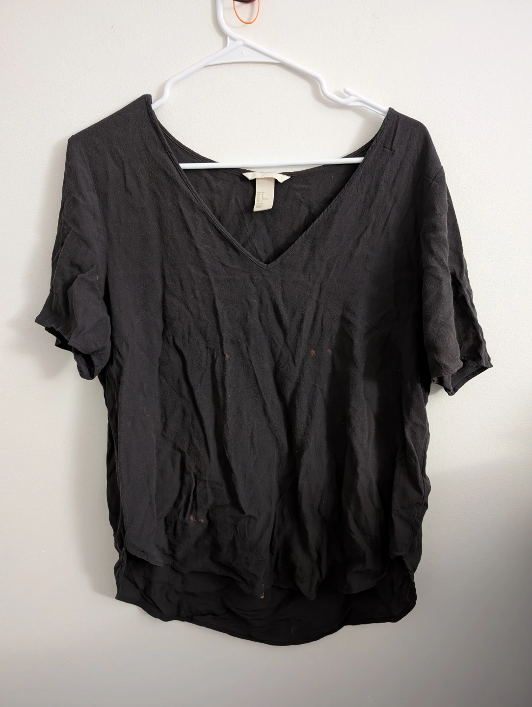 H&M Black V-Neck Distressed T-Shirt Blouse some stains 23" ptp
