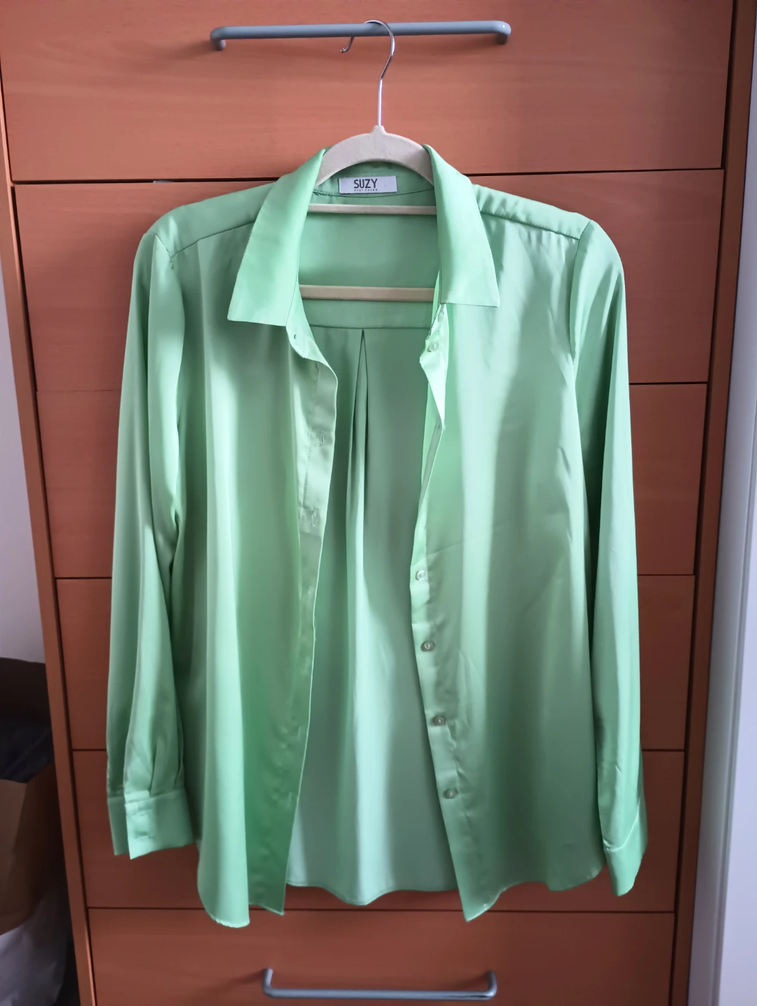 SUZY Green Satin Button-Up Shirt