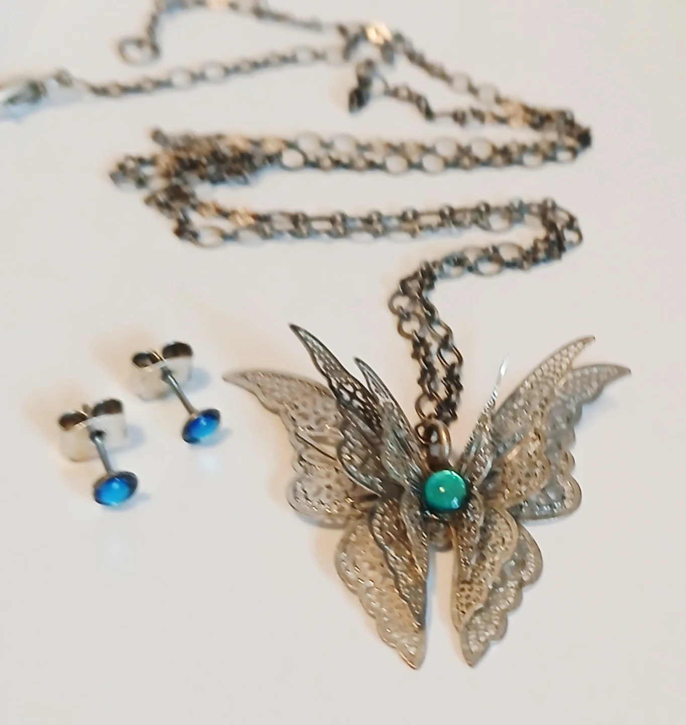 Silver Tone Butterfly Pendant Necklace and Earrings Set - photo 3