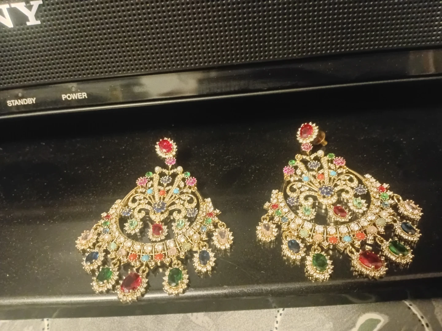 Gold-tone Chandelier Earrings with Multi-coloured Stones