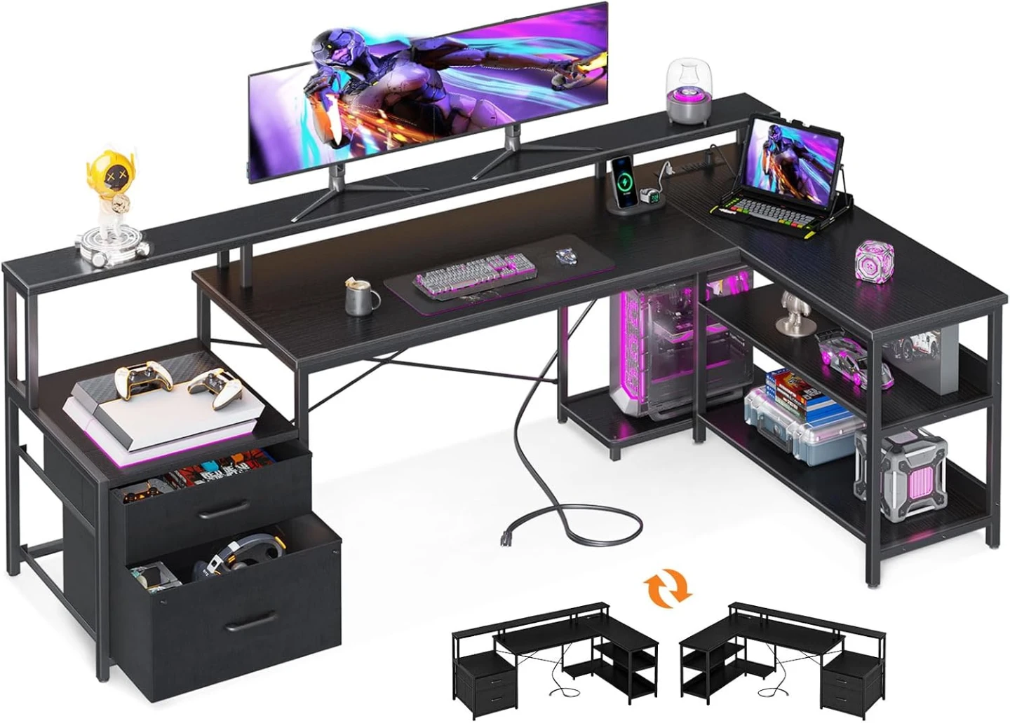 ODK L Shaped Desk with File Drawer, 75" Reversible Computer Desk