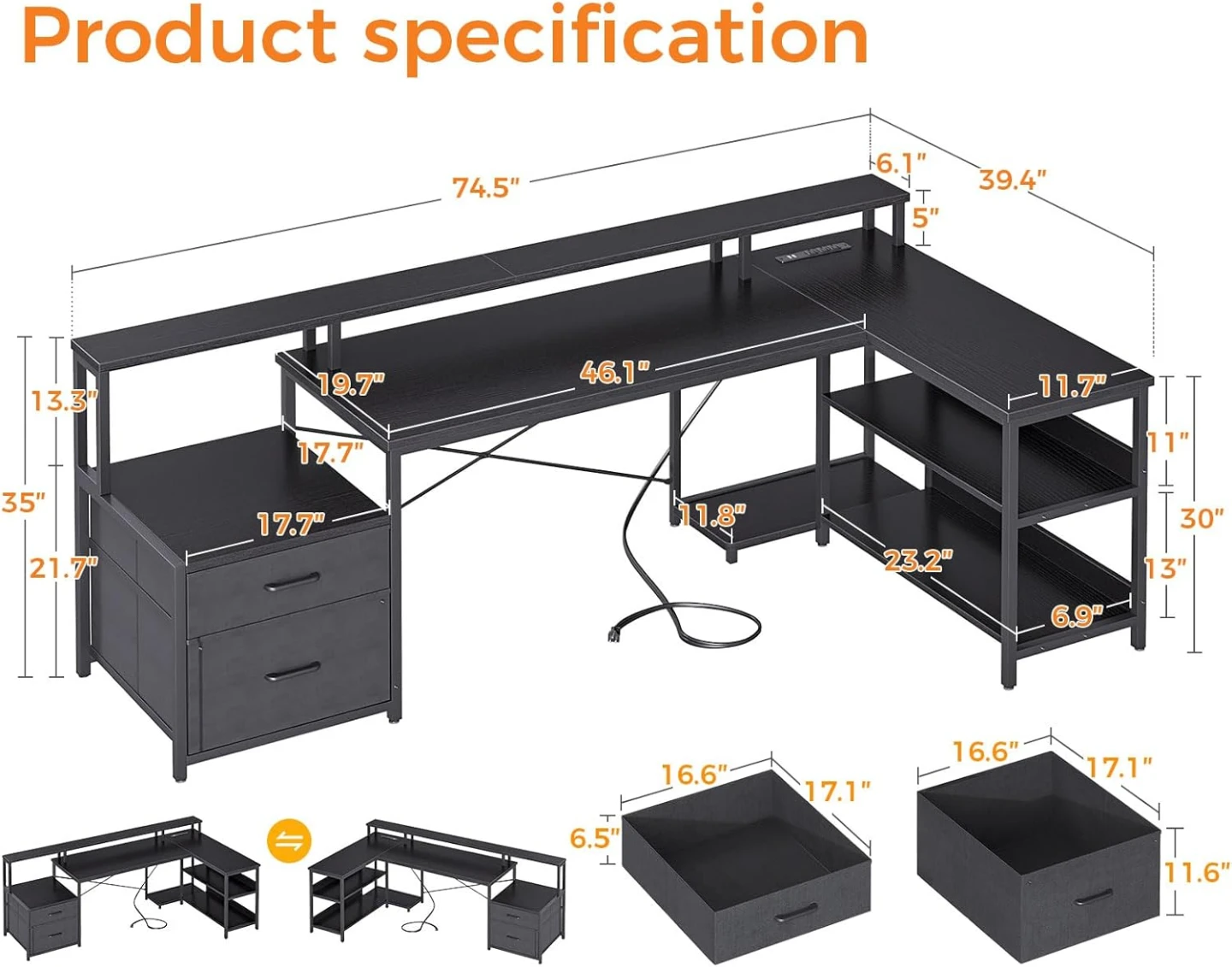 ODK L Shaped Desk with File Drawer, 75" Reversible Computer Desk - photo 3
