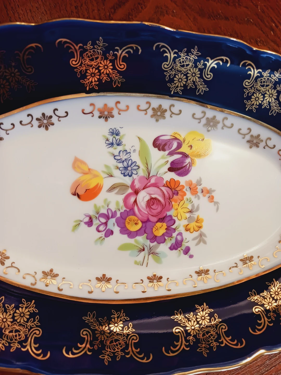 Gorgeous Czechoslovakian Cobalt Porcelain Floral Serving Dish - photo 3