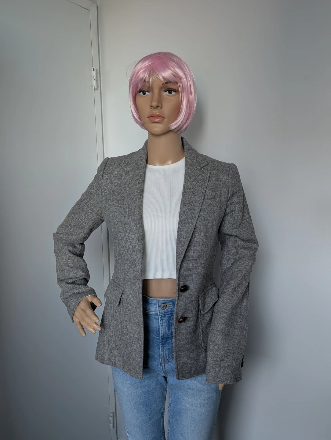 Grey Tweed Blazer with Suede Elbow Patches