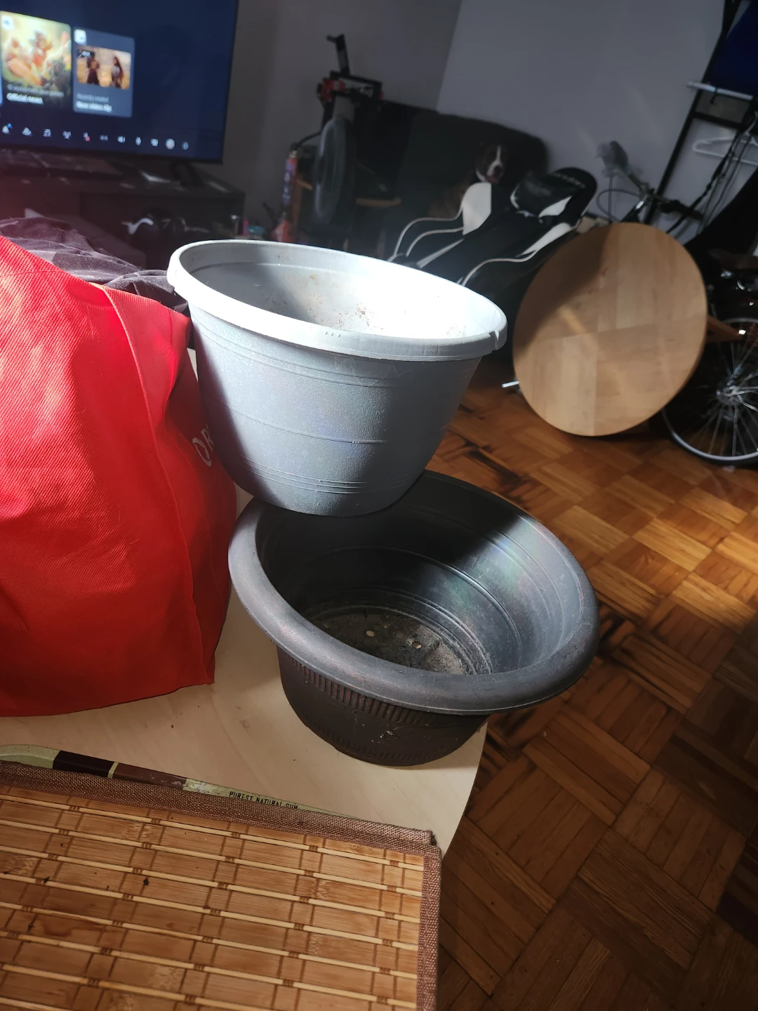 Set of 3 Black and 2 Misc. Plastic Plant Pots