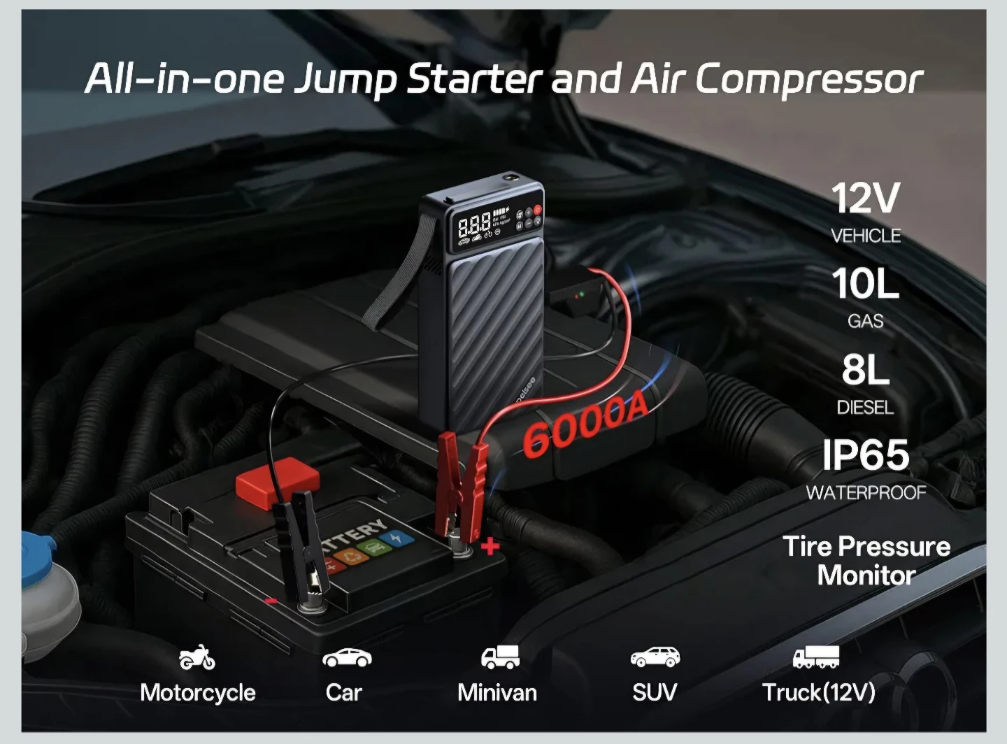 Pelsee 6000A Jump Starter & Air Compressor Power Bank - photo 2