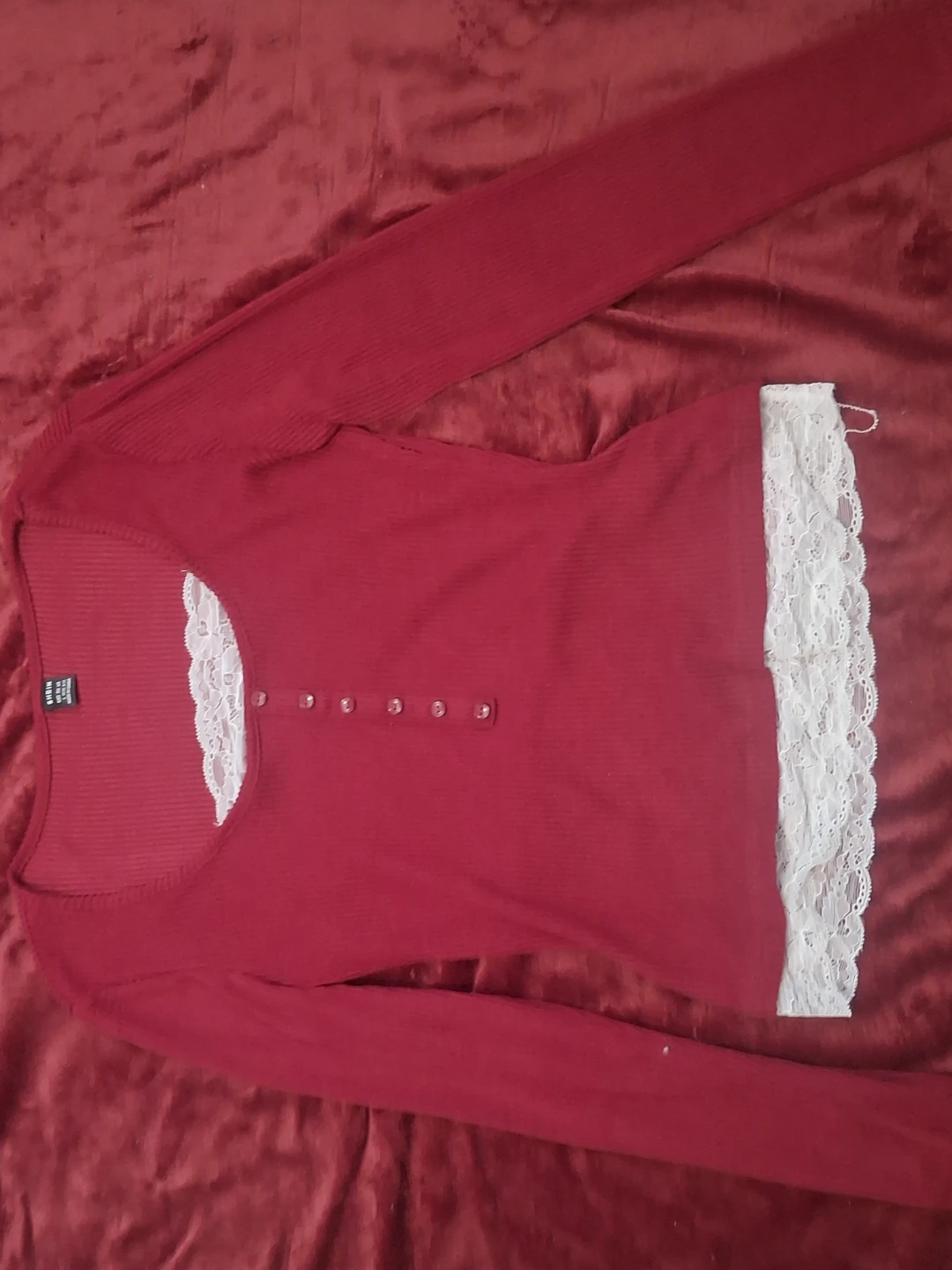 Red Long Sleeve Top with White Lace Trim
