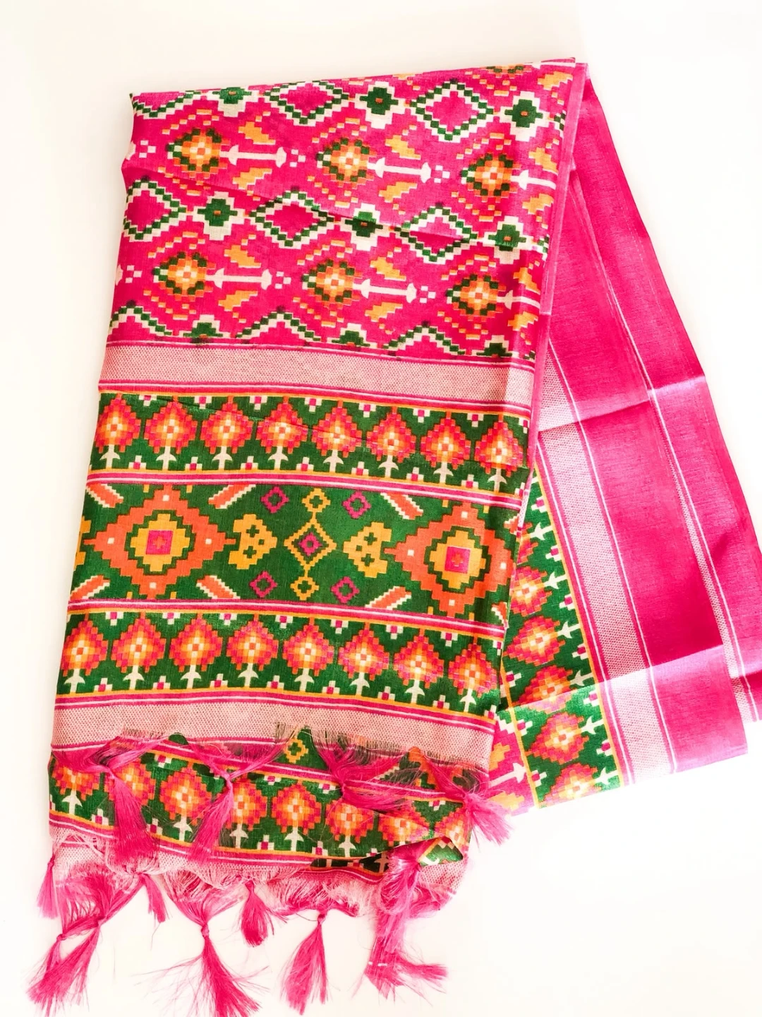 Pink and Green patola print dupatta with Tassels